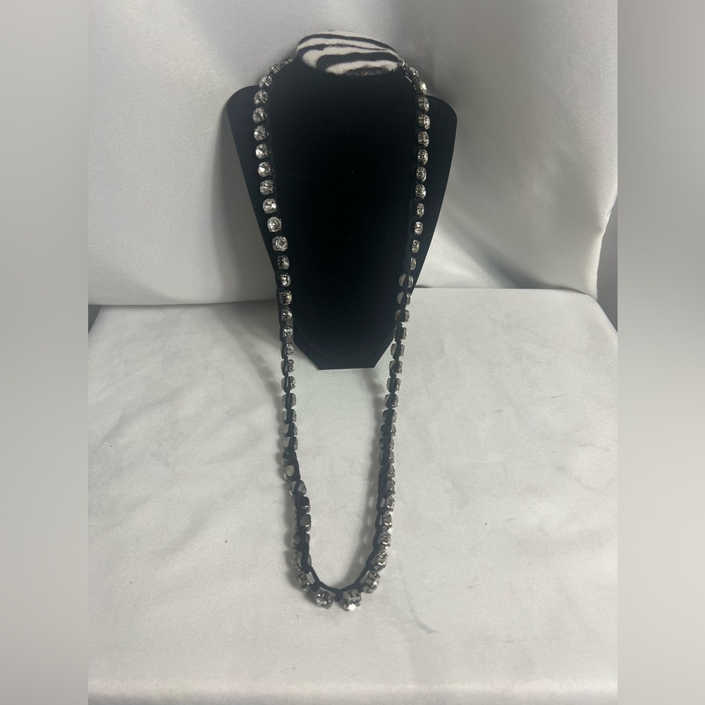 Necklace Faux Diamond Silver Long Super Shiny Party Black Corded
